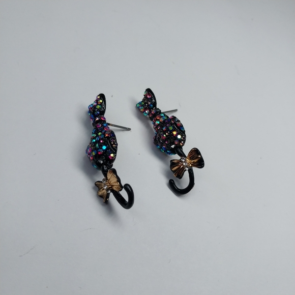 Betsey Johnson Boo To You Black Cat Pave Crystals Movable Tail Drop Earrings - Picture 4 of 7